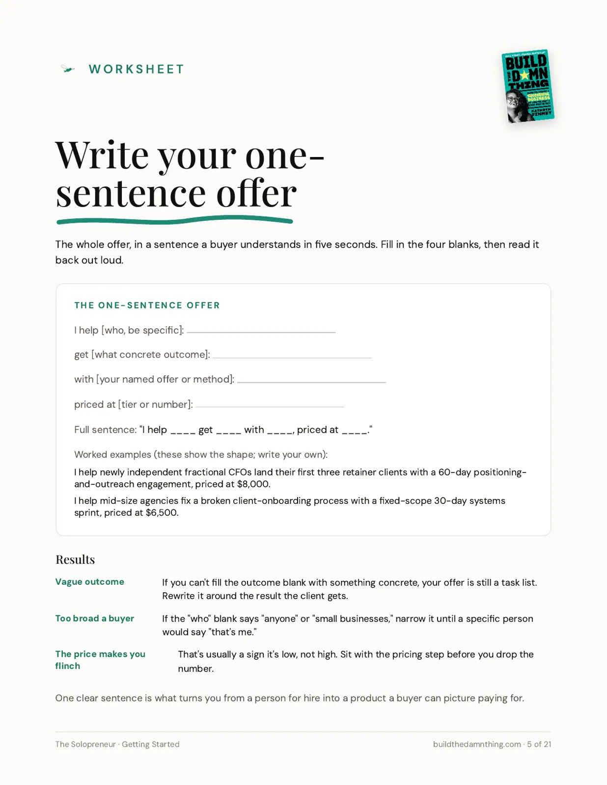 The Solopreneur: Your one-sentence offer worksheet