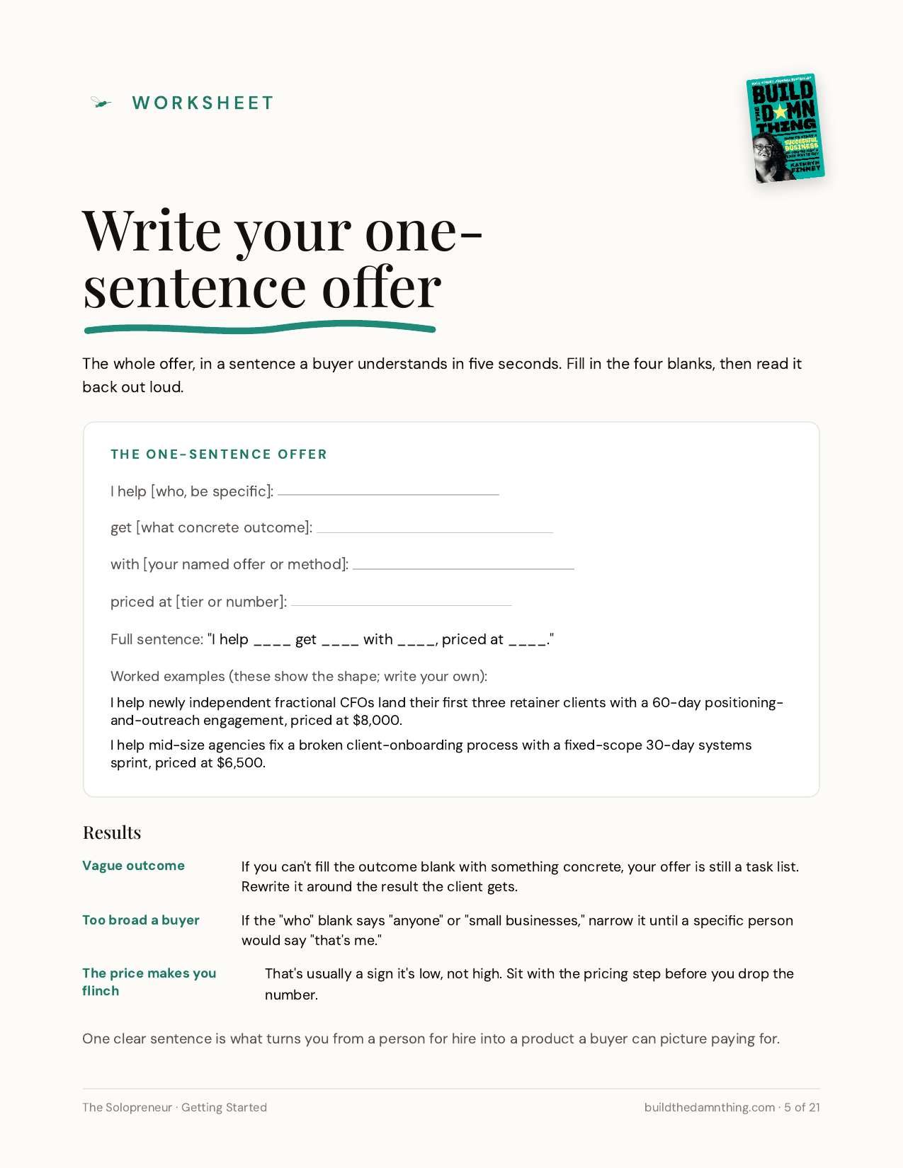 The Solopreneur: Your one-sentence offer worksheet